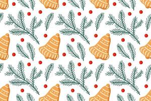 Festive pattern featuring Christmas bells, greenery, and red berries on a white background vector