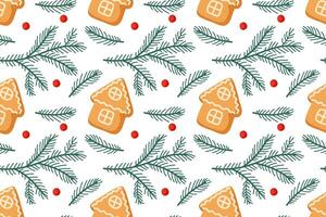 Festive gingerbread houses and evergreen branches arranged on a wintery background vector