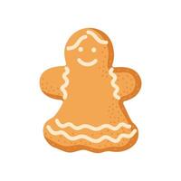 Gingerbread cookie shaped like a smiling girl with white icing decorations on a simple background vector
