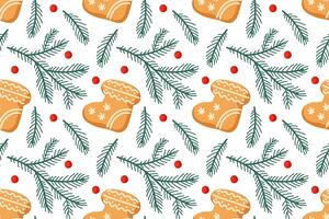 Festive gingerbread cookies and pine branches on a white background for holiday decorations vector