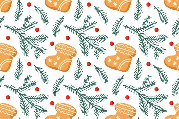 Festive gingerbread cookies and pine branches on a white background for holiday decorations