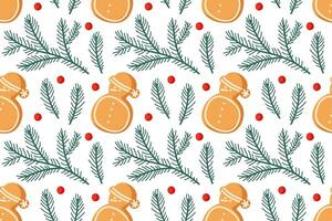 Festive pattern with orange ornaments, pine branches, and red berries for holiday cheer vector