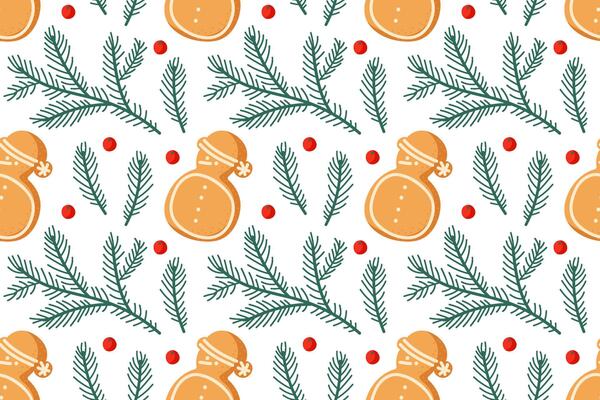 Festive pattern with orange ornaments, pine branches, and red berries for holiday cheer