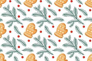 Gingerbread mittens and evergreen branches create a festive winter pattern for the holidays vector