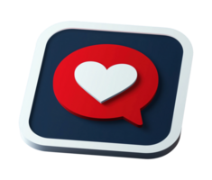 Love technology transparent image. Heart icon in speech bubble square button isolated cutout 3d render. Romantic communication. Dating app match cut out clipart design element png