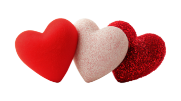 Textured smooth, speckled and sequined red hearts image isolated transparent. Romantic mood. Heartshaped shapes cut out . Heart ornaments cutout elements objects photography png