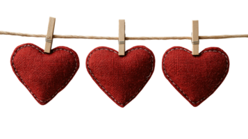 Three deep red burlap hearts hanging on rustic string image isolated transparent. Valentine garland cut out . Handmade decoration cutout element object photography png