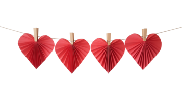 Four red paper hearts clipped on string with clothespins image isolated transparent. Valentine garland cut out . Handmade decoration cutout element object photography png