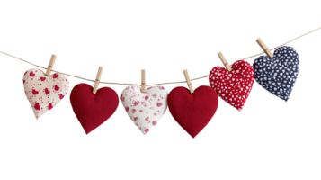 Fabric patterned hearts clipped on string with clothespins image isolated transparent. Valentine garland cut out . Handmade decoration cutout element object photography png