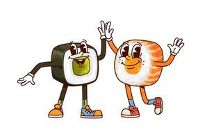 Fast food groovy sushi and roll characters vector