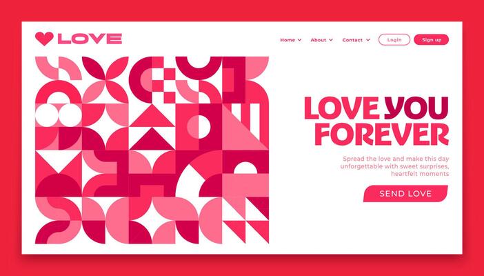 Valentine day landing page template, menu layout