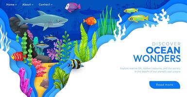 Paper cut landing page template with underwater vector