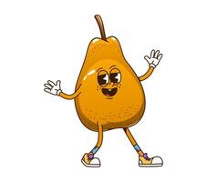 Groovy pear fruit, retro cartoon funny character vector