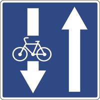 Road information sign road with oncoming bicycle lane. Warning drivers about the presence a lane for cyclists moving in the opposite direction relative to the general traffic flow. vector