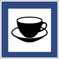 Cafe road information sign. Informs road users about the location a cafe nearby where they can stop for rest and food. Service sign. Sign coffee, tea. vector