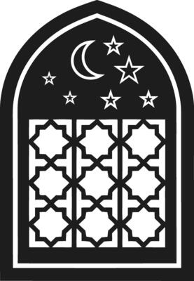 Islamic Window Silhouette with Crescent Moon and Stars Illustration