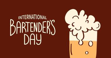International Bartenders Day banner. Fresh beer glass with foam on brown background. Hand drawn lettering. Horizontal greeting and invitations backgrounds for bar, pubs. outline illustration vector