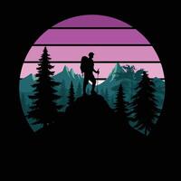 Silhouette of a man with a backpack on the top of the mountain illustration vector
