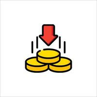 A red arrow pointing down on a pile of coins vector