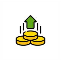 A green arrow is pointing up on a pile of coins vector