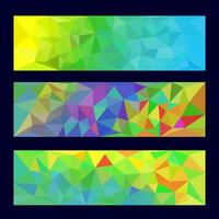 A set of vibrant geometric banner designs with triangular patterns in gradient colors, including yellow, green, blue, and red, showcasing modern and abstract styles. vector