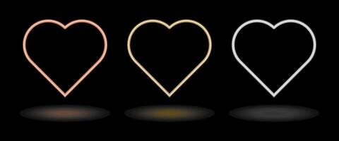 Shiny heart shaped metal tube frame. Luxury pink gold, gold and silver borders separated on black background. Shiny heart shape photo frame design elements set. vector