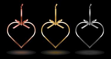 Shiny metal heart frame with ribbon bow hanging ornaments. Luxury pink gold, gold and silver border on black background. Set of glossy heart shape frame mockup design element. vector