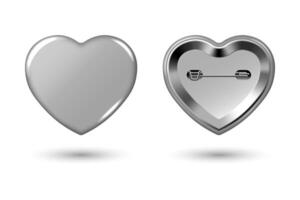 Silver grey heart pin badge mockup. Isolated badge button brooch. Realistic blank heart shape glossy gray button badge pin with metal back cover. vector