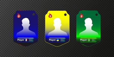 Three gradient soccer player cards with silhouettes, flames, online status, and national flags on a transparent background vector