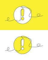 Exclamation mark in continuous line drawing style on white and yellow background. Line drawing of an exclamation mark in a circle. illustration. Attention abstract background vector