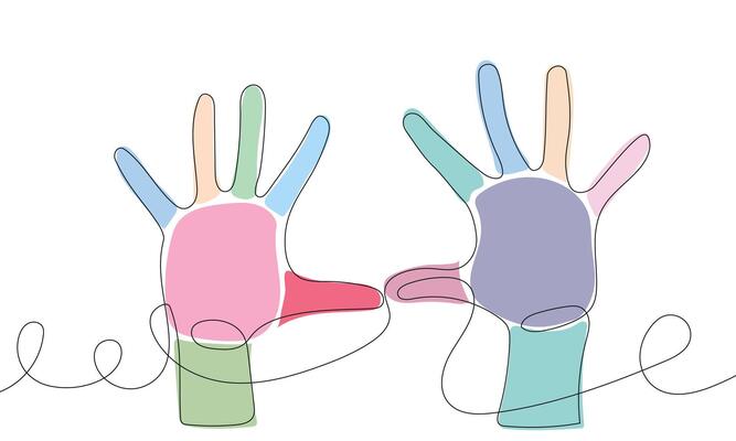 Continuous one single line drawing two hands . Continuous line style. Universal Children Day Background Illustration