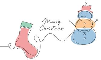 Continuous one simple single abstract line drawing of snowman and christmas sock icon illustration concept. vector