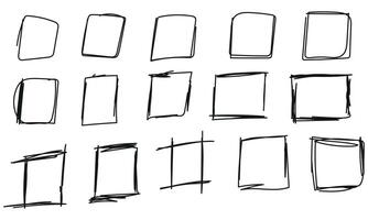 Squares, rectangle, grunge set in sketch style on white background. Black outline frame in hand drawn style vector