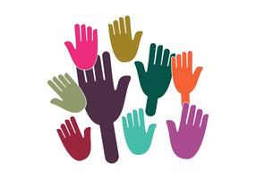 Many hands raised up, multi-colored hands on a white background. People's hands are raised in the air. vector
