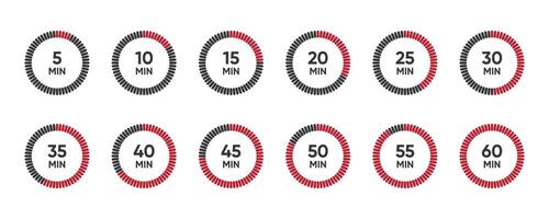 Set of timer. Countdown clock timer. Minutes counting collection. 5, 10, 15, 20, 25, 30, 35, 40, 50, 60 minutes illustration. vector