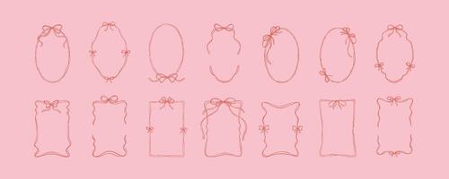 Hand drawn cute line doodle oval and rectangle ribbon frames with bowknot. Bow wavy whimsical borders sketch drawing. Greeting card, wedding invitation, Birthday party design elements vector