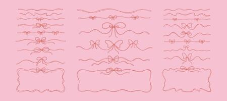 Set of hand drawn bow ribbon text dividers, tape separators and horizontal rectangle frames. Fancy sketchy vintage flourish design elements. Filigree wavy pink whimsical background vector