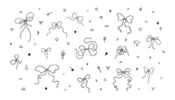 Cute line doodle tied ribbon bow hand drawn set. Confetti, firework, bling, star, light, twinkle magic effect. Sketch crayon, charcoal, pencil scribble, squiggle drawings. Birthday party background vector