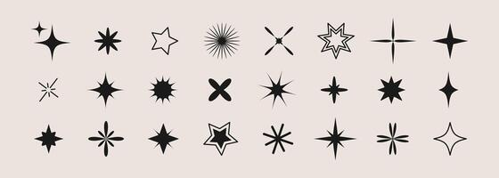 Set of different shining stars icon, glowing light effect, decorative twinkle forms, abstract sparkling flash elements. Y2k abstract shapes for design, posters, banners, cards vector