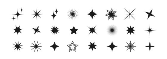 Set of different shining stars icon, glowing light effect, decorative twinkle forms, abstract sparkling flash elements. Y2k abstract shapes for design, posters, banners, logo, cards vector