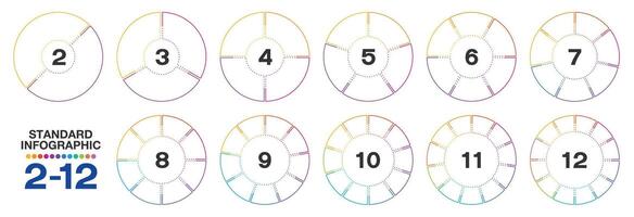 Set standard circle infographic with 2 to 12 steps, process. vector