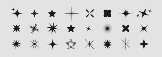 Set of different shining stars icon, glowing light effect, decorative twinkle forms, abstract sparkling flash elements. Y2k abstract shapes for design, posters, banners and cards vector