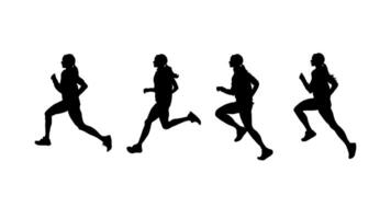 A sequence of four silhouettes of a female runner in different stages of running motion, wearing athletic clothing and sneakers, set against a plain white background vector