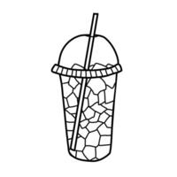 Cola, Soda, Ice Tea with Ice cubes and straw in Takeaway cup. A Black and white outline drawing. Minimalist style illustration in Doodle Style. Ideal for beverage branding, restaurant menus vector