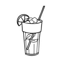 Mojito Cocktail or Lemonade Glass with Ice and a slice of Lime and mint leaves with Straw. Hand drawn isolated illustration in Doodle style. For cocktail bar menu vector