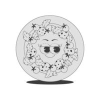 Cute round pizza character with pepperoni, tomatoes, basil in trendy retro groovy style. Psychedelic fast food element with face. Flat sticker in black monochrome palette vector