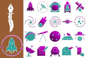 Space exploration icon set with modern and minimalist design, with gradient and blue colors. Ideal for educational apps, space websites, social media, scientific presentations etc. vector