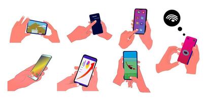 set of hand illustrations in various positions holding a mobile phone. ideal for business presentation design, app promotion, technology advertising, social media, etc. isolated on white background vector