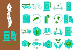 A versatile modern and minimalist Electric Vehicle Icon Set, with green and blue colors, ideal for websites, mobile apps, presentations and marketing materials. vector