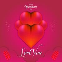 Valentines day social media post design with pink and red gradient heart shapes. Happy valentines day and love you calligraphy text on a pink background. social media post design for february 14. vector